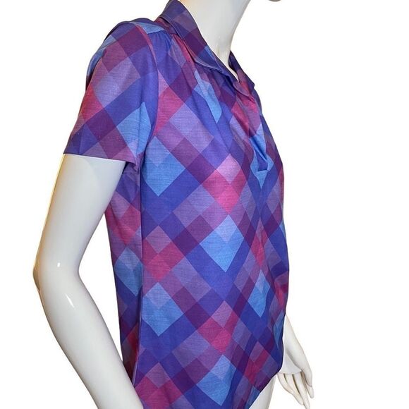Vintage 70s Argyle Plaid Short Sleeve Blouse Medium Magenta, Bubblegum Pink - Picture 8 of 15